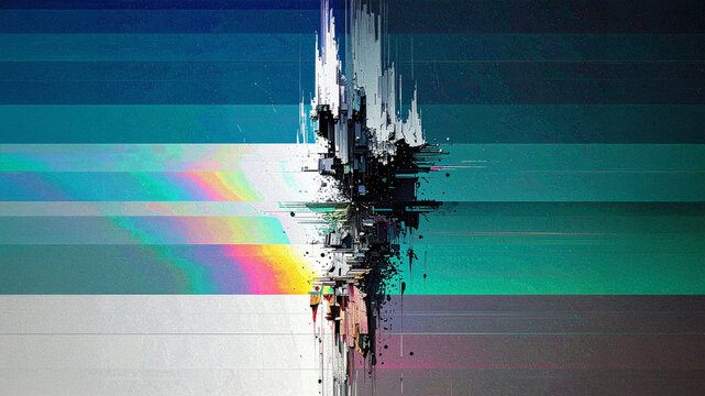 Digital glitch effect with color spectrum lines. Pixel manipulation and data corruption abstraction. Backdrop for technology and cybersecurity themes. Spectrum of light on screen surface design art.