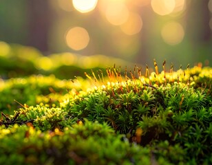 Close-up of vibrant moss illuminated by warm, golden sunlight