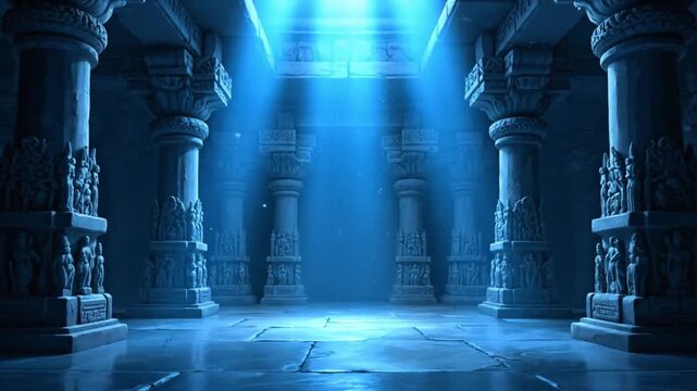 Dramatic blue-lit interior of an ancient temple with ornate pillars and a mystical atmosphere.