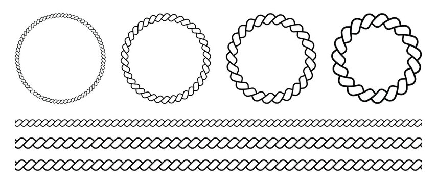 set decorative circle and line frames. round rope frame circle ropes rounded and line border decorative marine cable frame circles set. vector illustration.