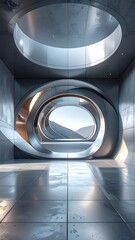 Futuristic interior with circular portal framing landscape view