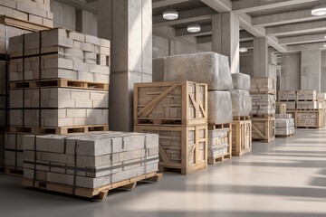 Storage area for building materials with wrapped pallets of cement bricks and tiles, clean floor