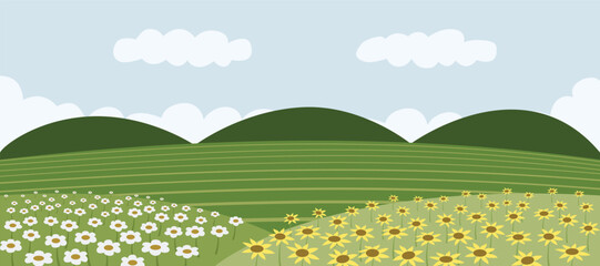 Vibrant Landscape with Blooming Flower Fields and Green Hills. Blooming Whispers of Spring Hill. Sunflower and daisy