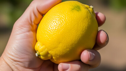 Close up of hand holding ripe yellow lemon