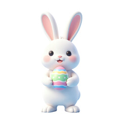 Obraz premium White rabbit holding a colorful Easter egg