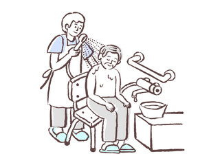 高齢者の入浴介助・シャワー介助をする介護スタッフのイラスト