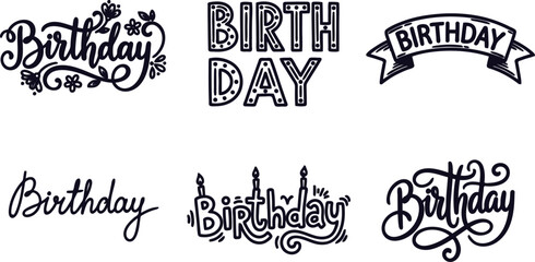 Fototapeta premium Collection of various birthday text and symbol illustrations decorative phrases and icons