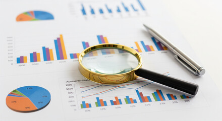Business Strategic Review with Gold Magnifying Glass, Pen, and Financial Data Reports