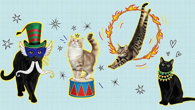 Whimsical Circus Cats Performing Amazing Tricks and Acts.
