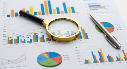 Business Data Analysis and Financial Research with Magnifying Glass and Pen on Charts