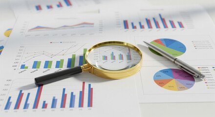 Financial Audit and Market Research Analysis with Magnifying Glass and Pen on Statistical Charts