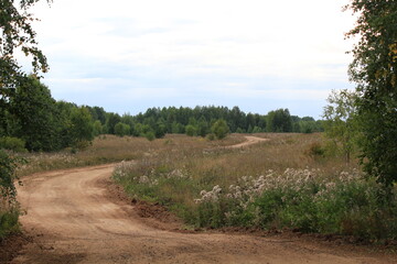 A winding dirt road through fields in late summer