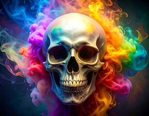A colorful skull surrounded by vibrant, swirling smoke