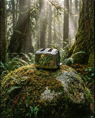Chrome toaster sitting on mossy rock in ancient sunlit forest with fern reflections