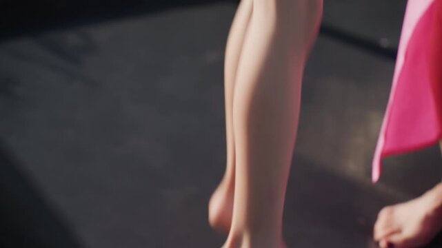 Feet Bounce Playfully, Sunlit Barefoot Children Jumping On Bouncy Trampoline Surface, Closeup Of Barefoot Children Energetically Bouncing On Textured Trampoline Under Bright Summer Sunlight