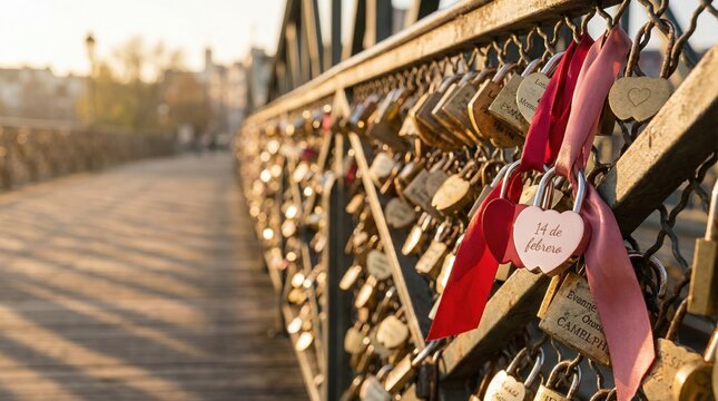 Love padlocks hanging on a bridge with heart-shaped lock concept of valentine's day  
