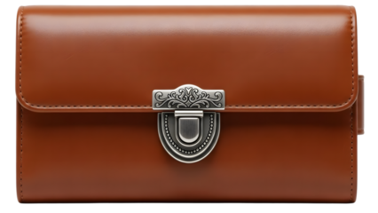 Brown leather purse with silver clasp isolated on transparent background
