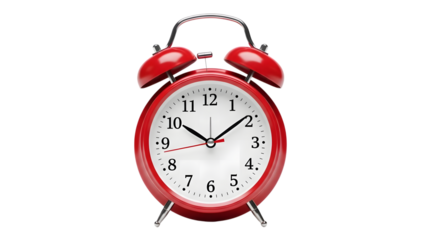 Red vintage alarm clock isolated on transparent background with white clock face and black hands