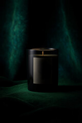 Vela negra aromática sobre tela de terciopelo verde, Vela de lujo con etiqueta dorada sobre fondo oscuro, Mockup de vela para marca de fragancias de hogar, catálogo de productos de aromaterapia  © Loktor