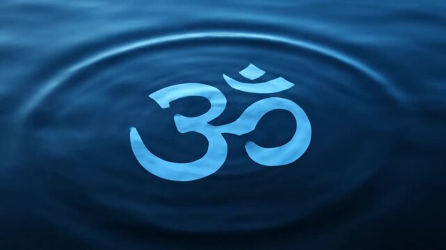 Close-up of Om symbol rippling in dark blue water with cinematic lighting.