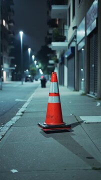 traffic cone hopping sideways alone, absurd city moment, minimal surreal humor