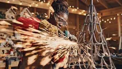 A craftsman grinds metal sparks flying beside a rope net, warm workshop lights glow. in a warm shop