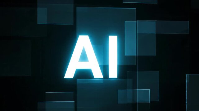Glowing AI Text on Dark Digital Background with Blue Squares.