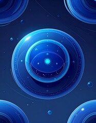 A digital artwork featuring a large blue orb surrounded by smaller orbs on a dark blue background