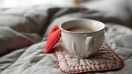 Valentine day valentine heart cup coffee cozy morning in bed with patchwork cushion concept romantic comfort detail and soft patchwork heart concept romance morning cozy warmth comfort atmosphere