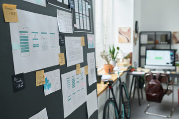 Closeup showing mobile app wireframes and user interface sketches pinned on wall in modern office, digital project planning and creative process visible with computer and bicycle in background