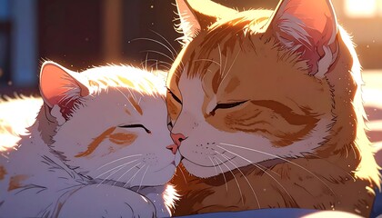 A digital illustration of two cats with orange and white fur nuzzling each other