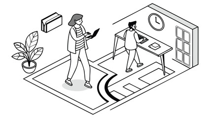 Modern office scene with coworkers interacting and working