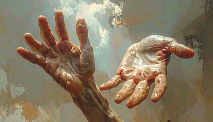 A digital painting of two human hands reaching upwards