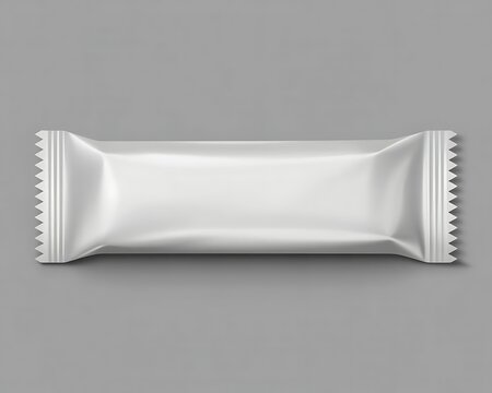 A 3 D rendering of a white snack wrapper on a gray background 3D rendering shiny