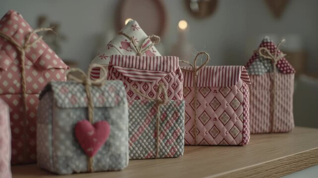 Valentine day valentine gift decor and patchwork heart fabric box present row on wooden shelf in warm pastel home interior soft light romantic holiday love mood handmade fabric heart ornament