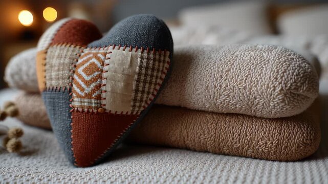 Valentine day Cozy valentine heart cushion patchwork concept interior decor soft towel stack warm bedroom light, romantic handmade textile ornament for love holiday home styling with cozy valentine