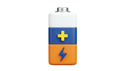 3D Battery Icon with Plus and Lightning Bolt Symbols