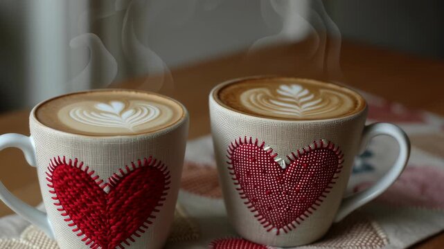 Valentine day Valentine coffee heart latte art patchwork concept romantic breakfast with two hot drink cup and mug table cozy morning steam focus foam design textile heart pattern warm beverage love