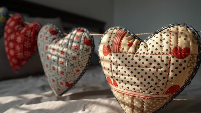 Valentine day valentine heart decoration patchwork fabric heart pillow banner concept romantic home bedroom interior design detail closeup bed linen with cozy sunlight handmade cotton cushion craft