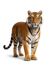 Obraz premium Full body portrait of a majestic adult tiger standing and looking at the camera isolated on white background.
