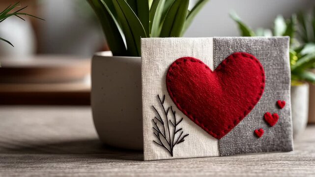 Valentine day valentine heart patchwork card cozy rustic decoration with handmade red felt heart fabric background near indoor plant love gift craft romantic design modern home interior with green