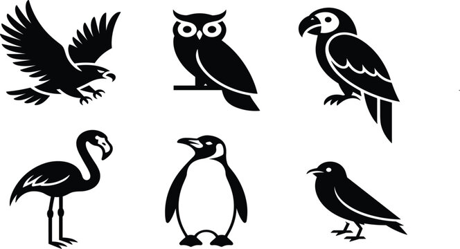 Collection of six black bird silhouette icons including eagle owl parrot flamingo penguin and sparrow