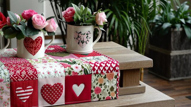 Valentine day Valentine table runner patchwork heart design with floral mug bouquet wooden table cozy home dining interior romantic decoration concept with flower arrangement centerpiece and home