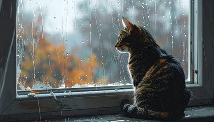 A cat sits by a rainy window gazing outside