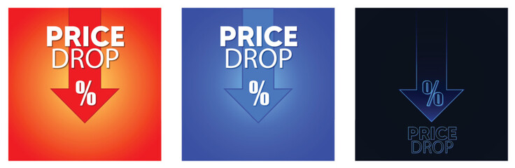 Price Drop Alert Sale Banners With Percentage Discount Icons For Marketing Promotions