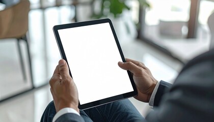 Man Holding Digital Tablet with Blank White Screen in Bright Room