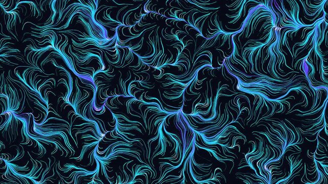 Seamless loop of volatile digital liquidity streams flowing in a dark void. 4K high-frequency trading visualization with neon teal and purple data lines in turbulent vector field.