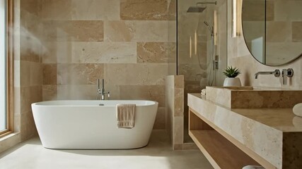 Bright spa bathroom with a freestanding tub by a large window, beige stone walls, and a wood vanity