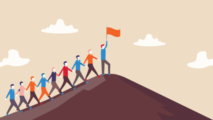 People climbing up a hill with one person holding a flag on top symbolizing teamwork and success