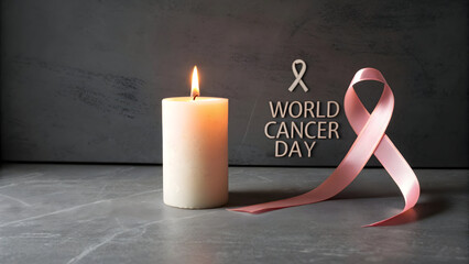 World Cancer Day awareness with candle and pink ribbon